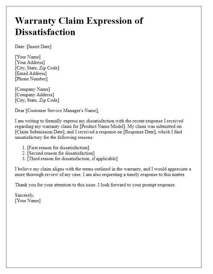 Letter template of warranty claim expression of dissatisfaction with response