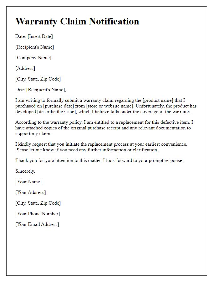 Letter template of warranty claim notification for replacement demand