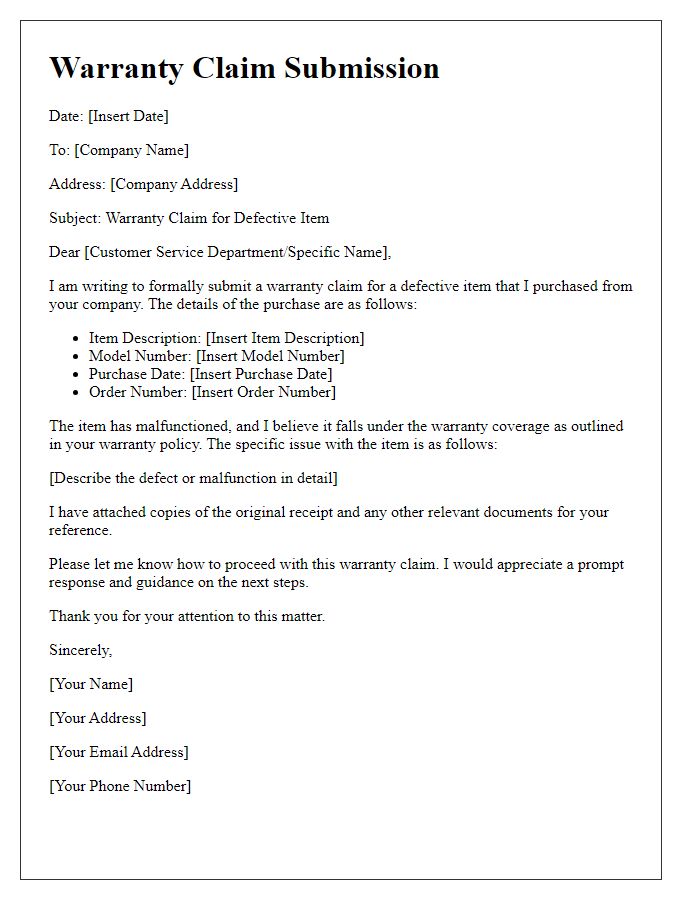 Letter template of warranty claim submission for defective item