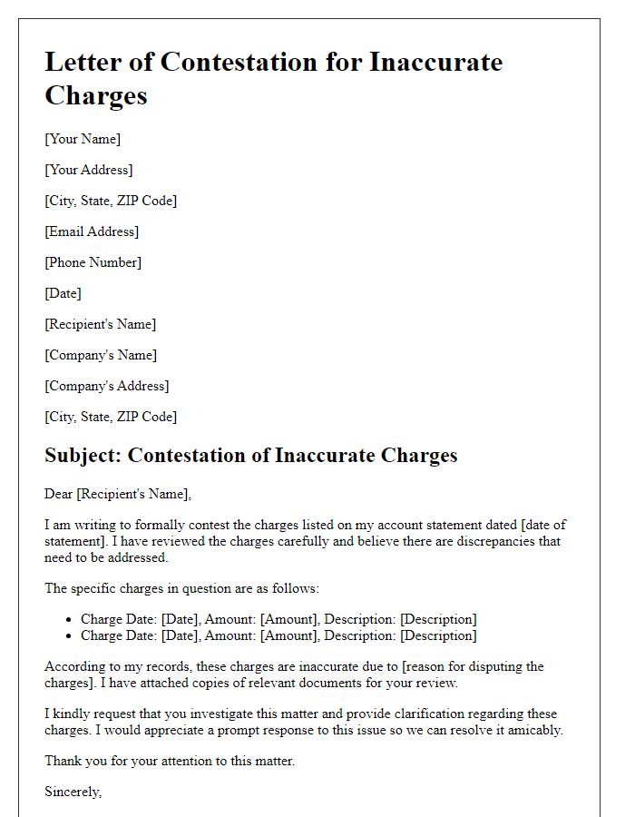 Letter template of inaccurate charges contestation