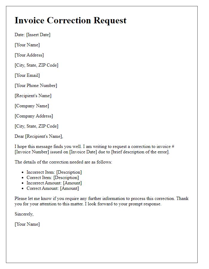 Letter template of invoice correction request