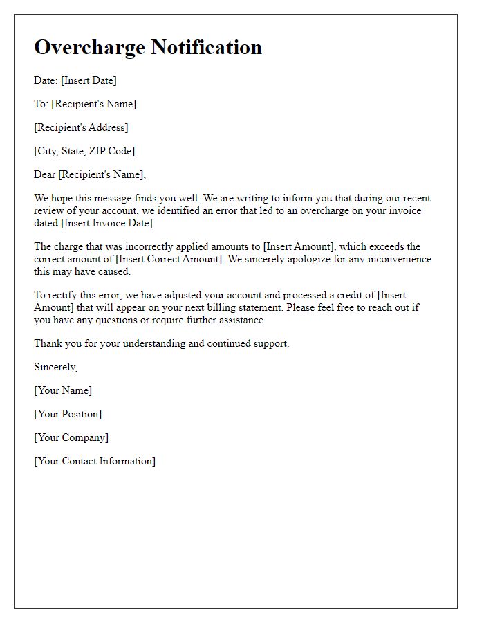 Letter template of overcharge notification