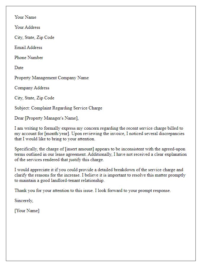 Letter template of service charge complaint