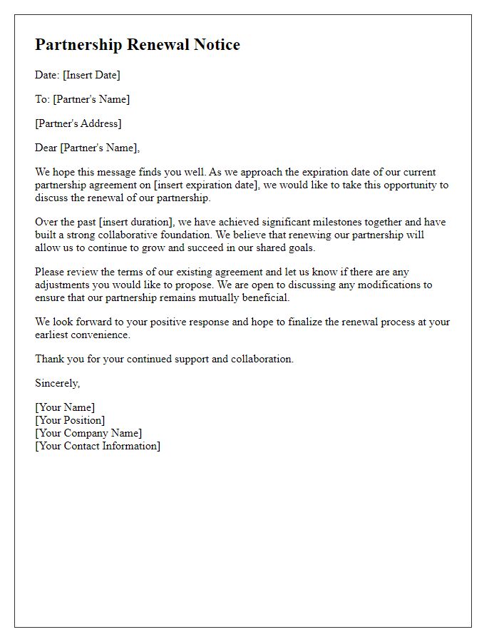 Letter template of business partnership renewal notice