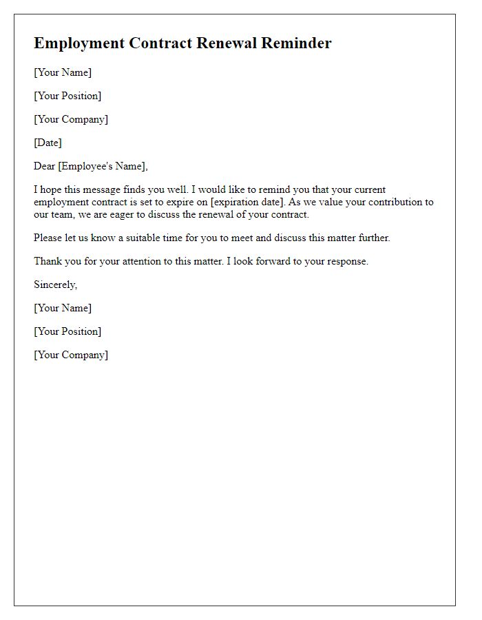 Letter template of employment contract renewal reminder