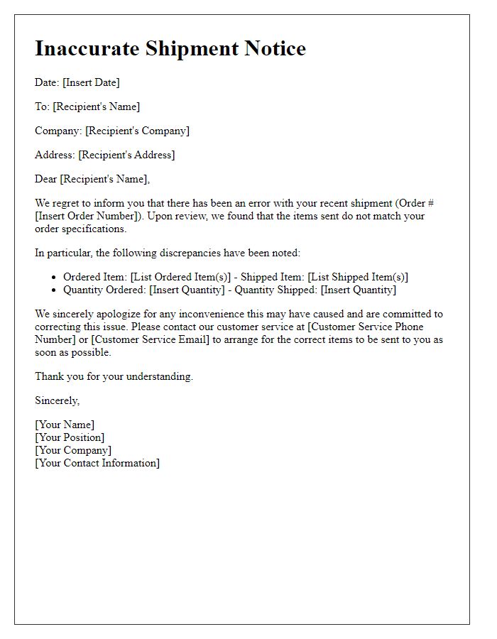 Letter template of inaccurate shipment notice