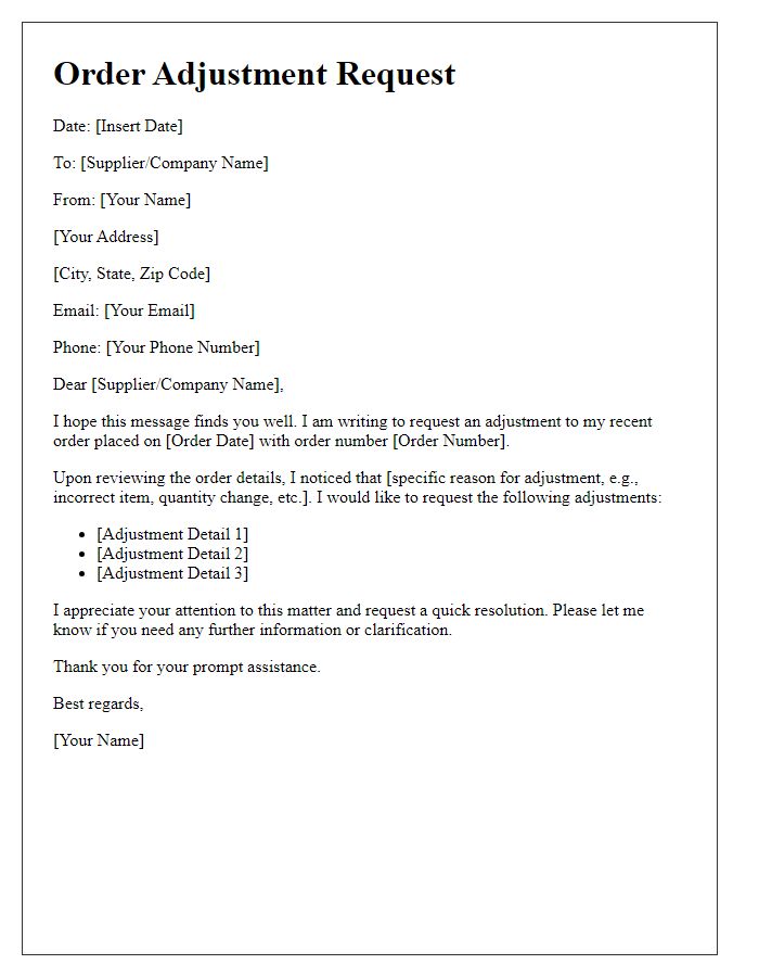 Letter template of order adjustment request