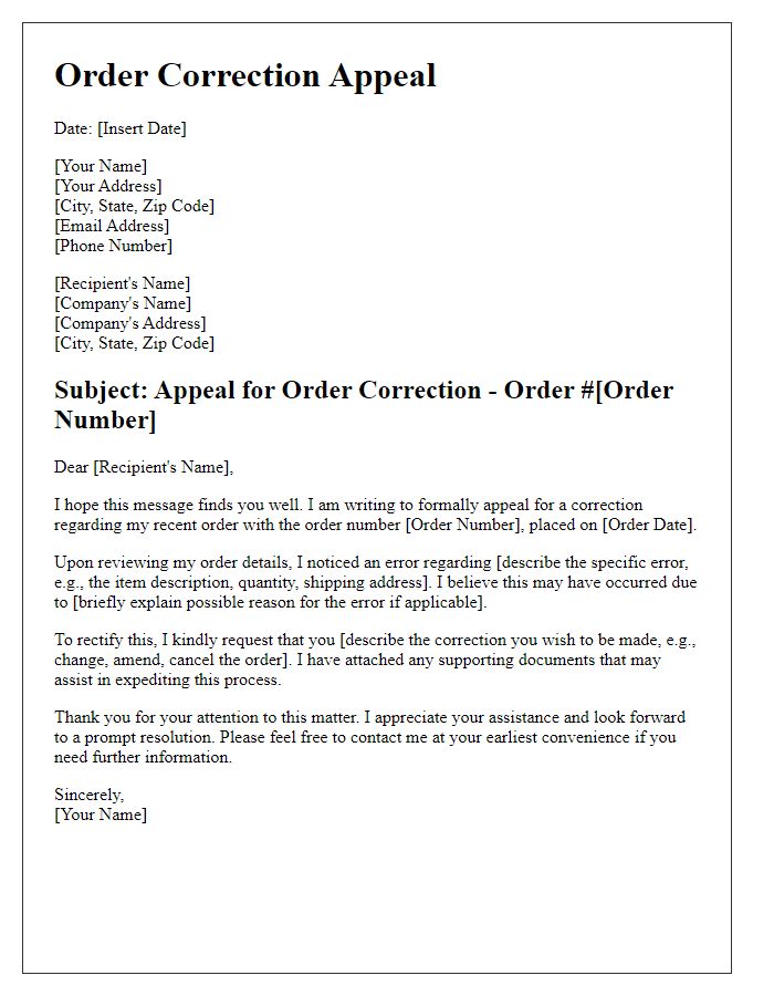 Letter template of order correction appeal