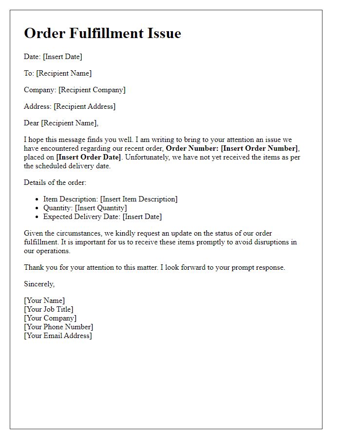 Letter template of order fulfillment issue