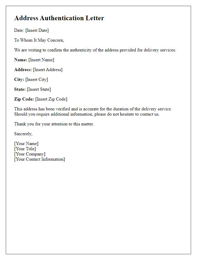 Letter template of address authentication for delivery services