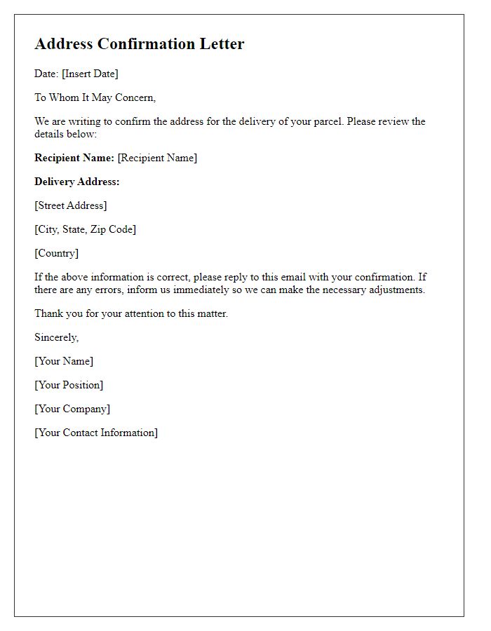 Letter template of address confirmation for parcel delivery