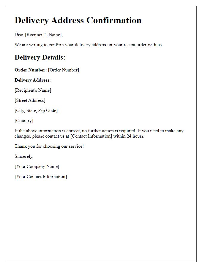 Letter template of confirmation notice for delivery address