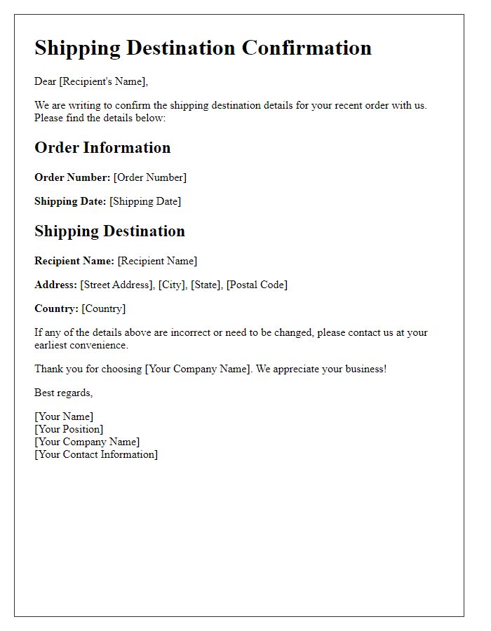 Letter template of confirmation for shipping destination details