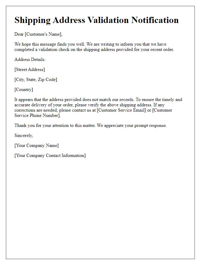 Letter template of shipping address validation notification