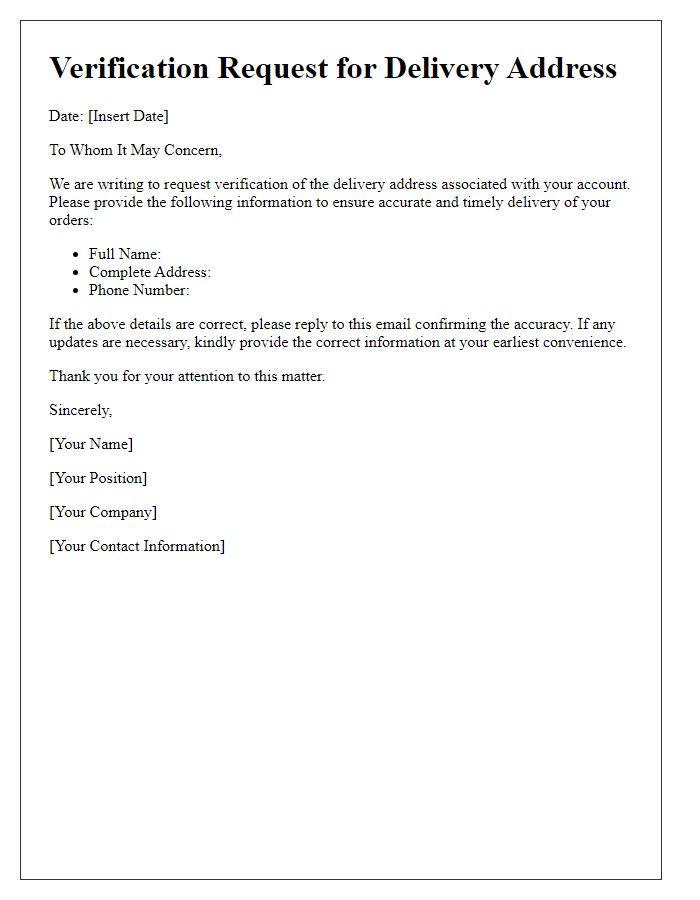 Letter template of verification request for delivery address