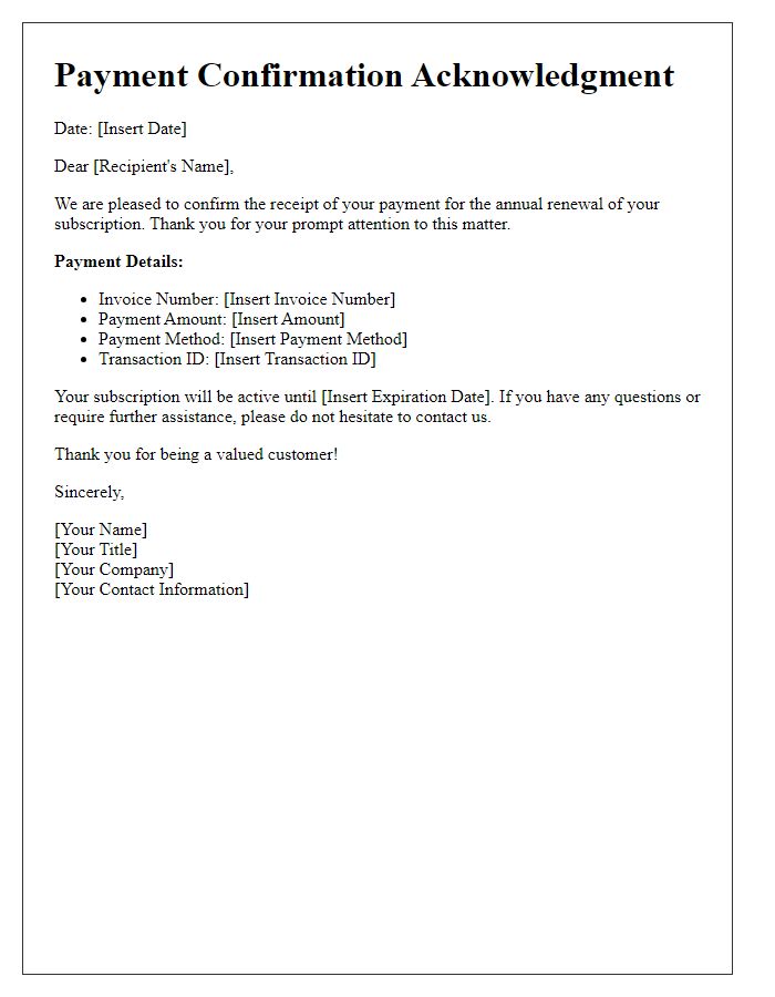 Letter template of Payment Confirmation Acknowledgment for Annual Renewal