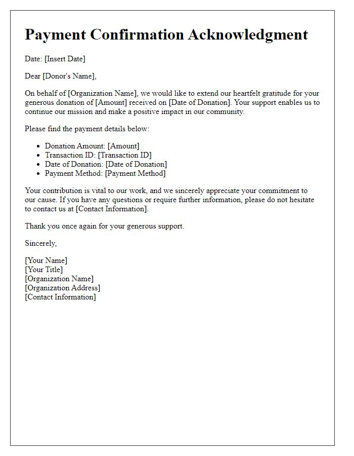 Letter template of Payment Confirmation Acknowledgment for Donation Received