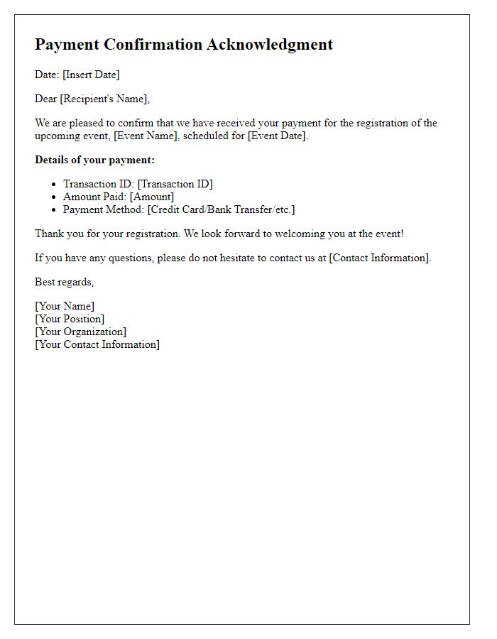 Letter template of Payment Confirmation Acknowledgment for Event Registration