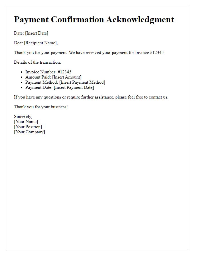 Letter template of Payment Confirmation Acknowledgment for Invoice #12345