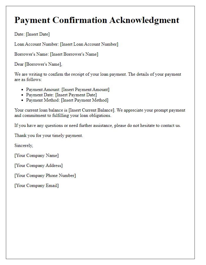 Letter template of Payment Confirmation Acknowledgment for Loan Payment