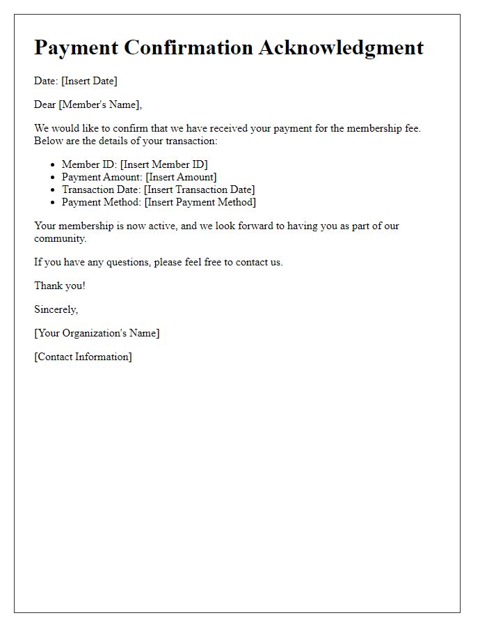 Letter template of Payment Confirmation Acknowledgment for Membership Fee