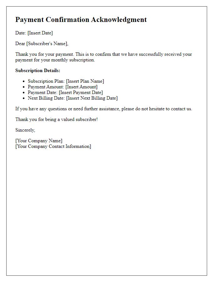 Letter template of Payment Confirmation Acknowledgment for Monthly Subscription