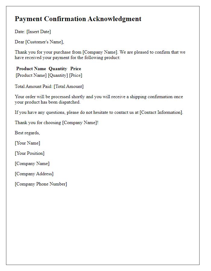 Letter template of Payment Confirmation Acknowledgment for Product Purchase