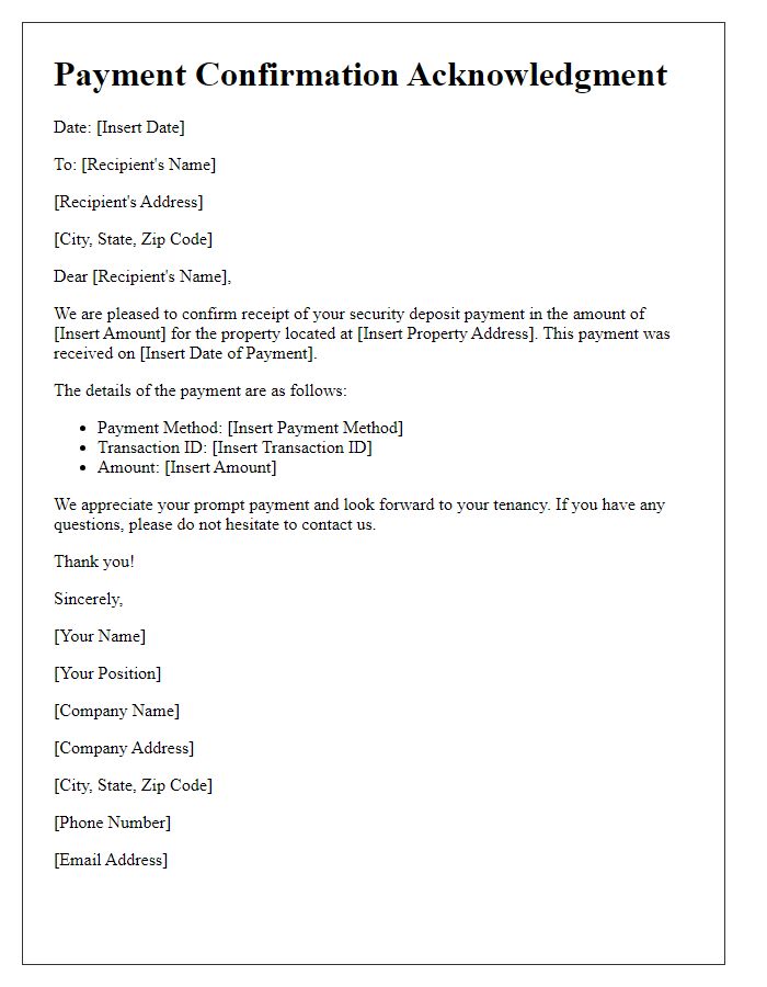 Letter template of Payment Confirmation Acknowledgment for Security Deposit