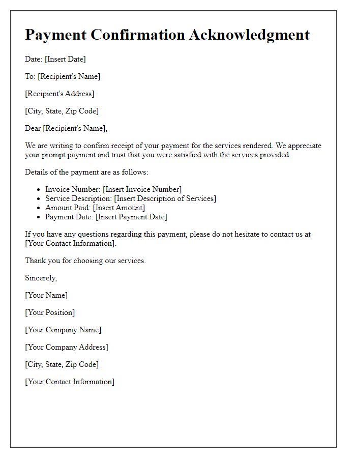 Letter template of Payment Confirmation Acknowledgment for Services Rendered