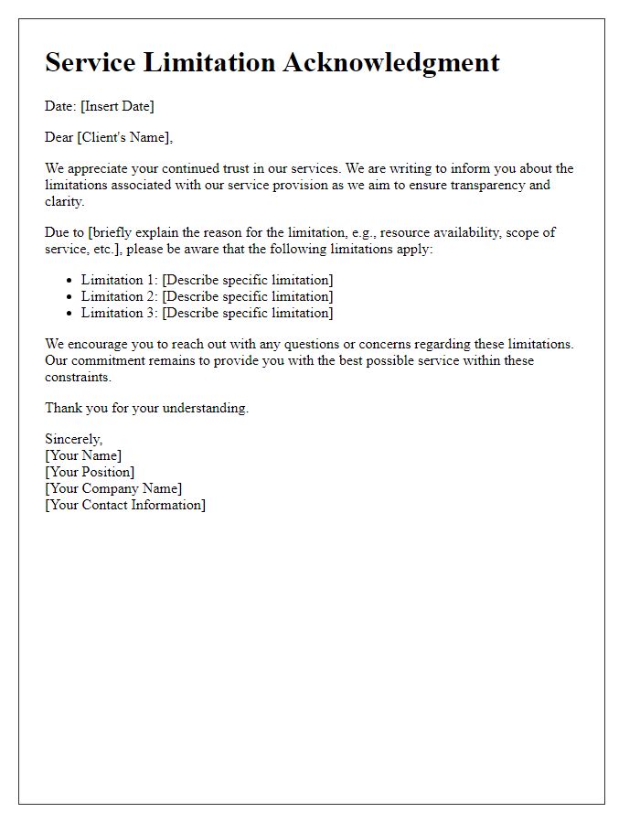 Letter template of service limitation acknowledgment to clients.