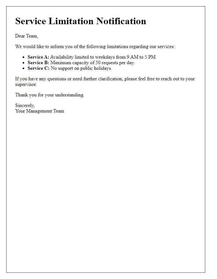Letter template of service limitation details for team members.