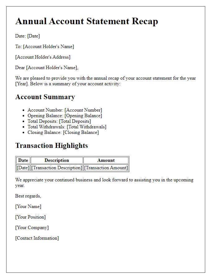 Letter template of annual account statement recap