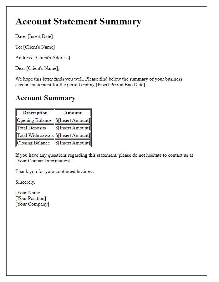 Letter template of business account statement summary