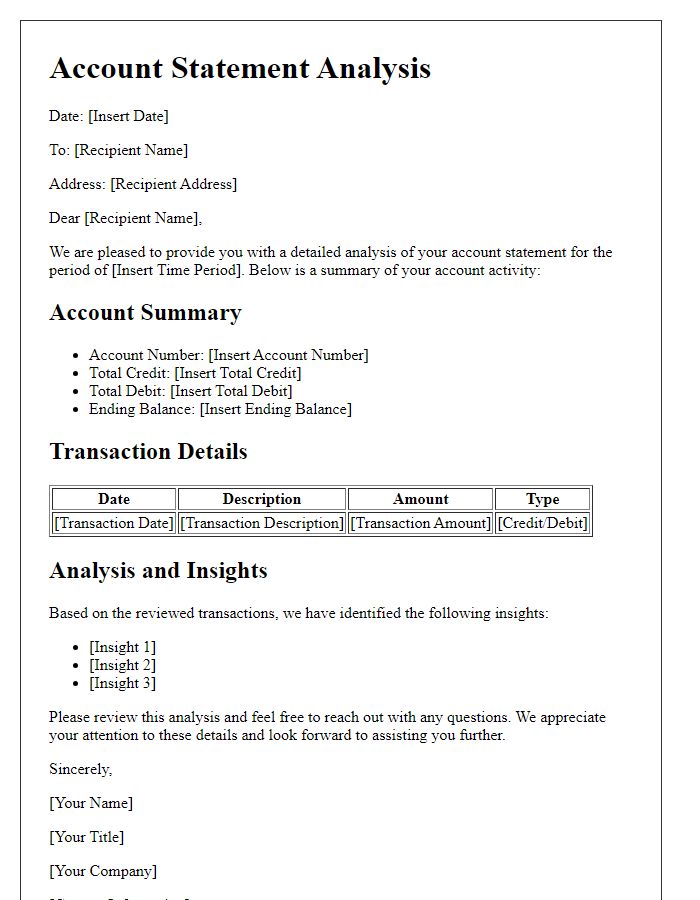 Letter template of detailed account statement analysis