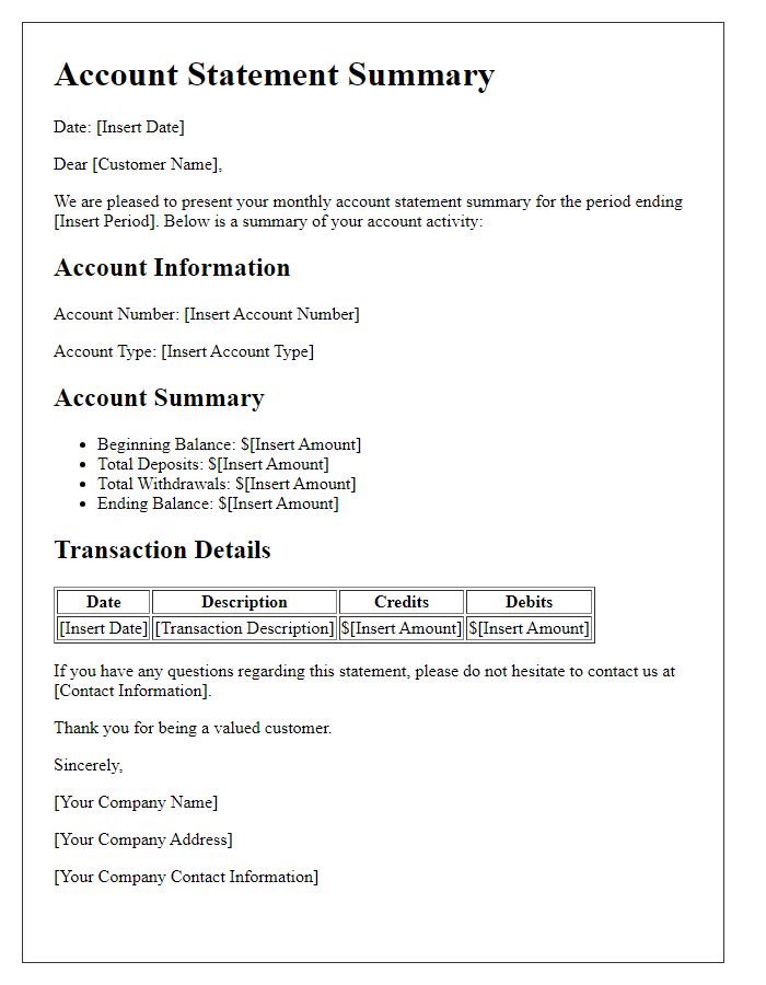 Letter template of monthly account statement summary