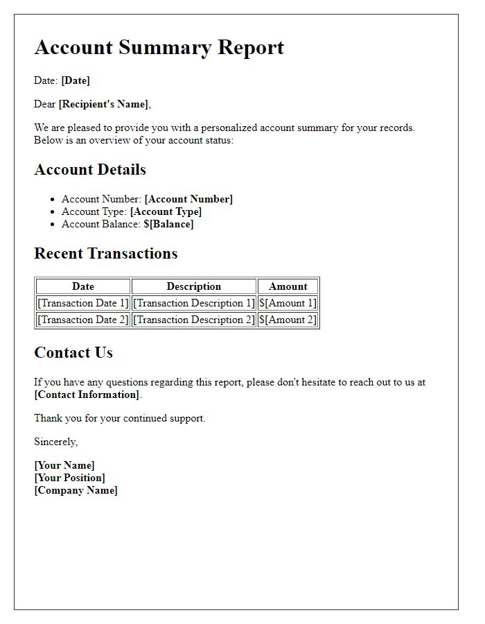 Letter template of personalized account summary report