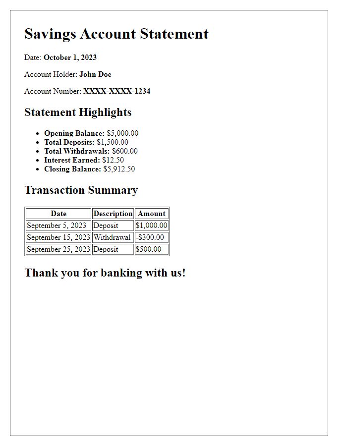 Letter template of savings account statement highlights