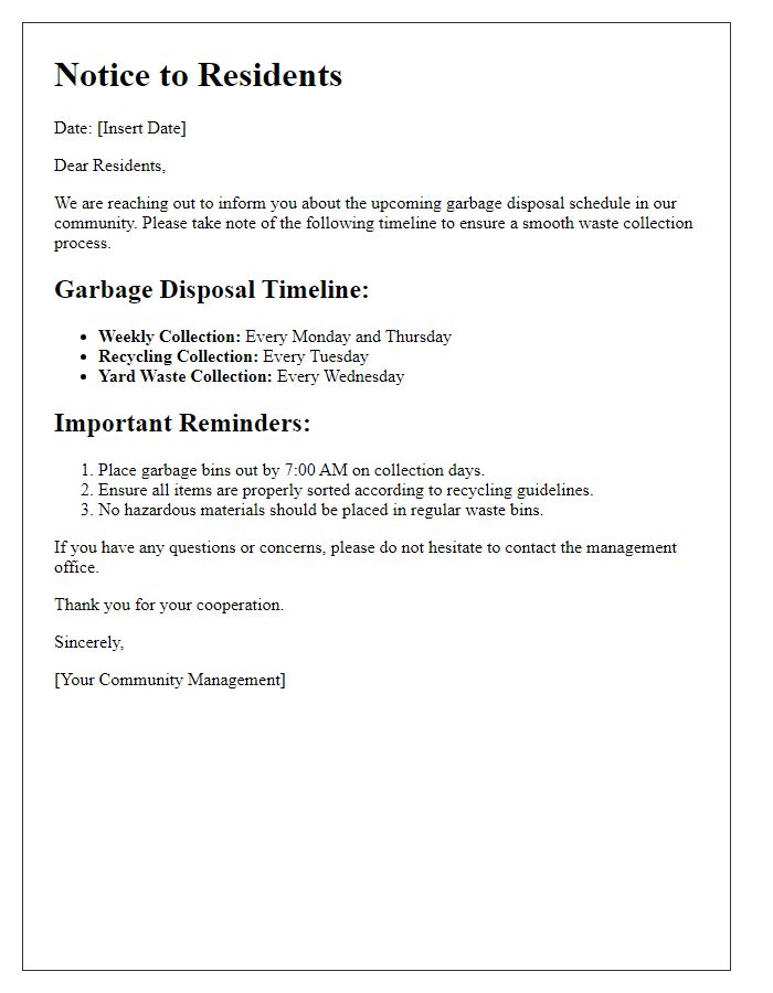 Letter template of garbage disposal timeline for residents.