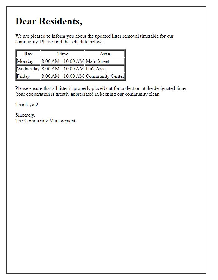 Letter template of litter removal timetable for dwellers.