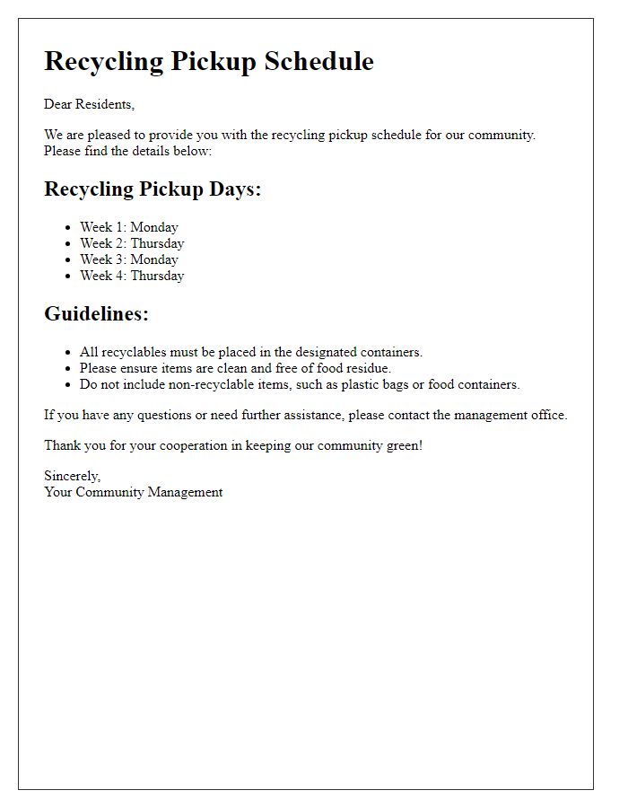 Letter template of recycling pickup schedule for housing residents.