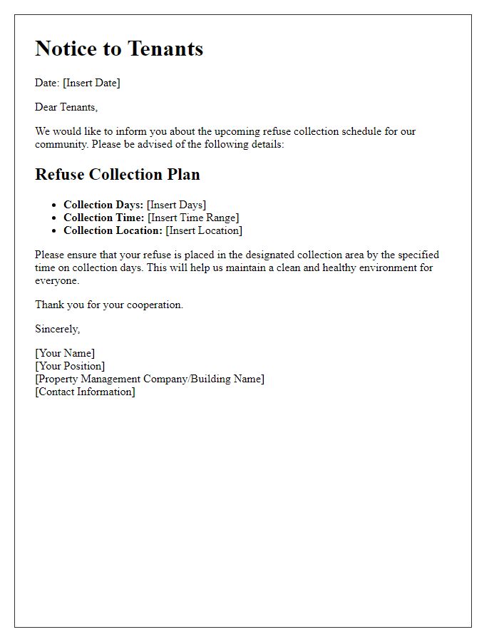 Letter template of refuse collection plan for tenants.