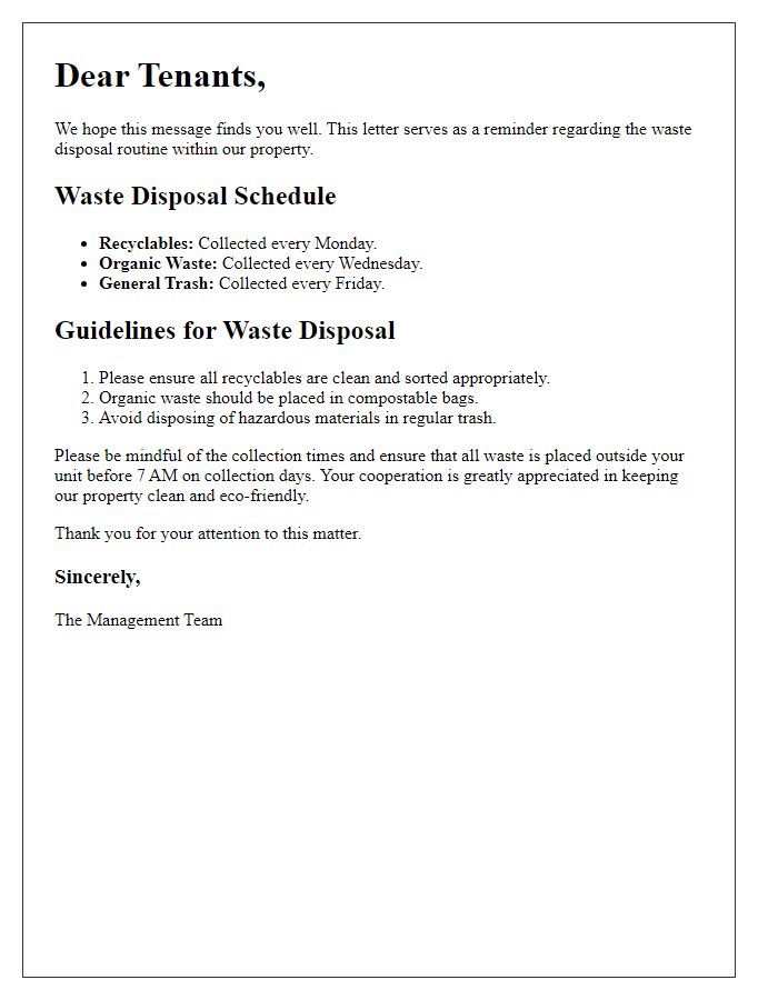 Letter template of waste disposal routine for property tenants.