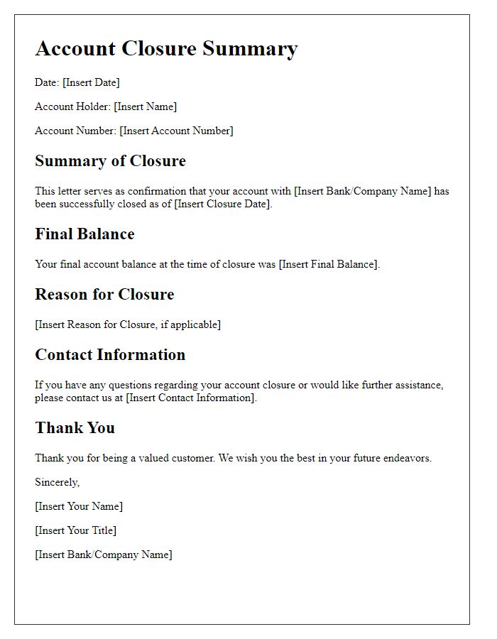 Letter template of account closure summary