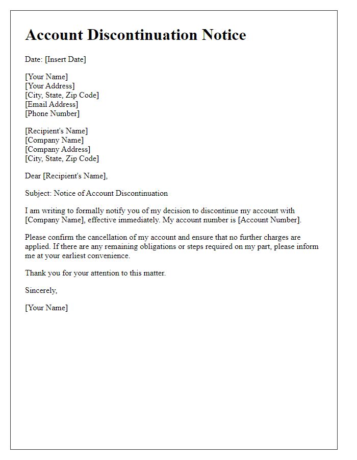 Letter template of account discontinuation notice