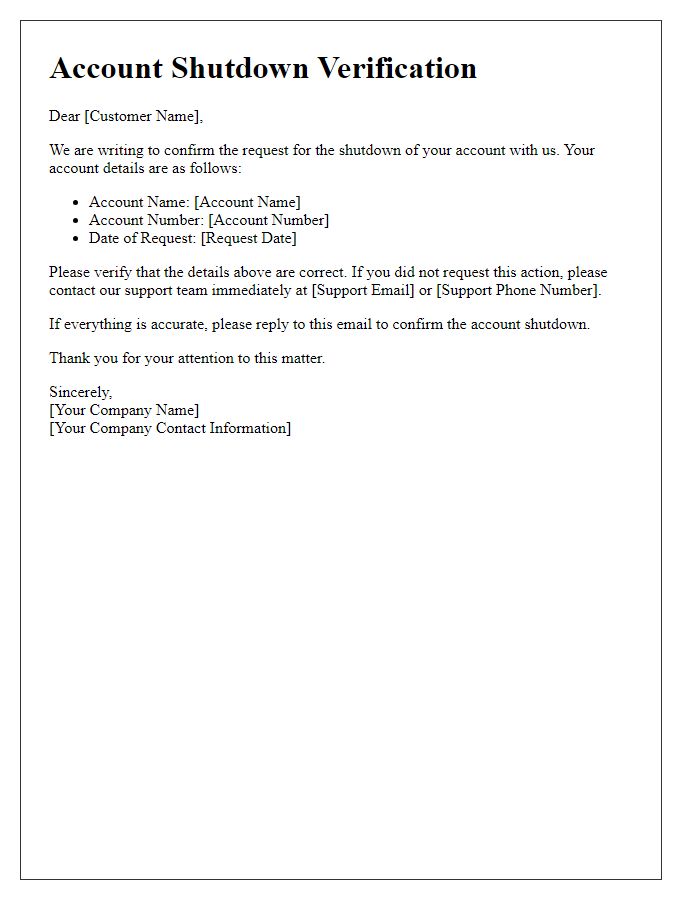 Letter template of account shutdown verification