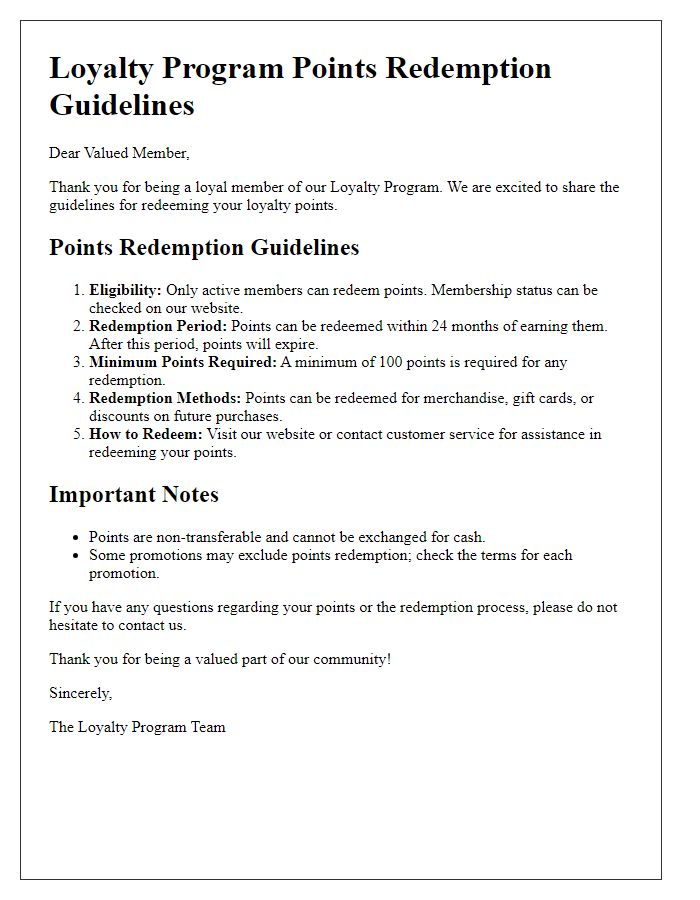 Letter template of loyalty program points redemption guidelines