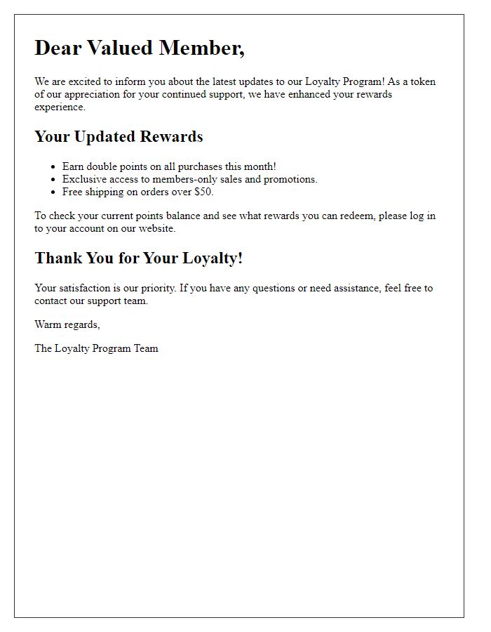 Letter template of loyalty program rewards update