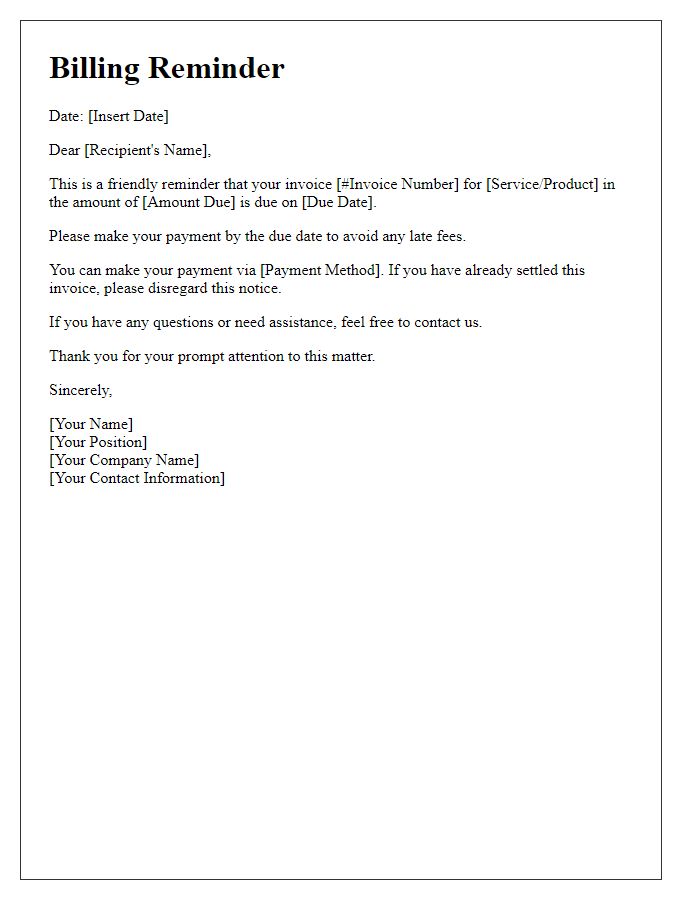 Letter template of billing reminder correspondence