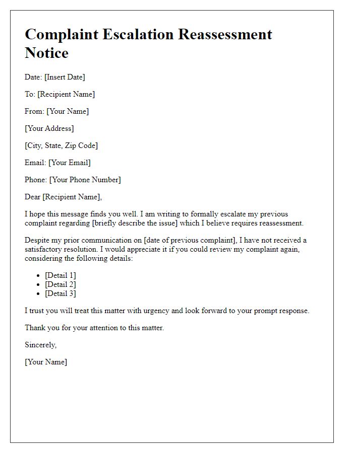 Letter template of complaint escalation reassessment notice