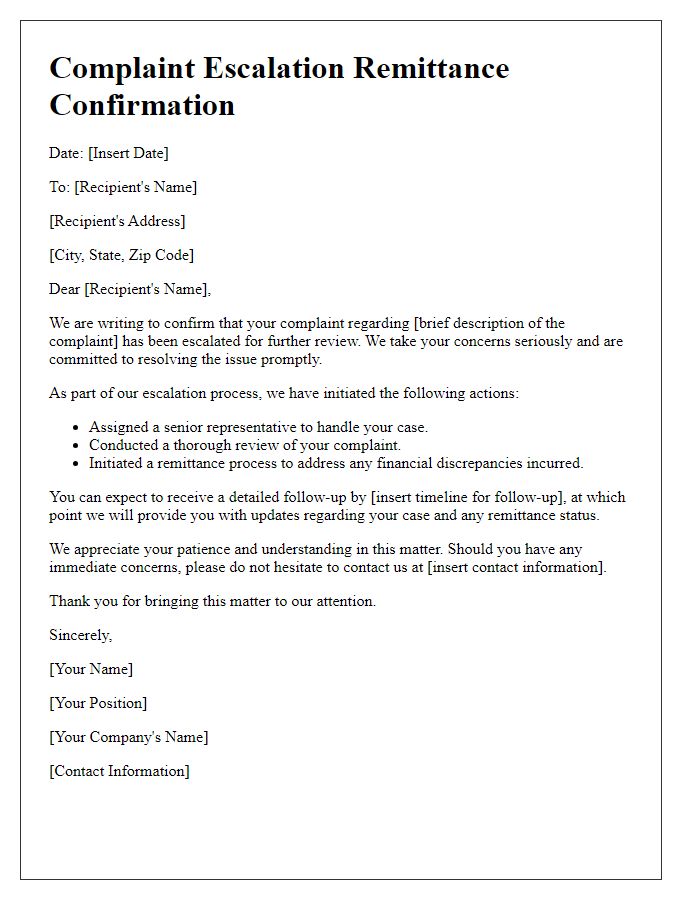 Letter template of complaint escalation remittance confirmation